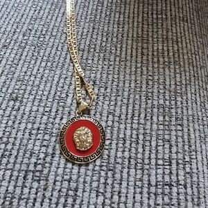 14k Plated Gold and Red Medallion Necklace